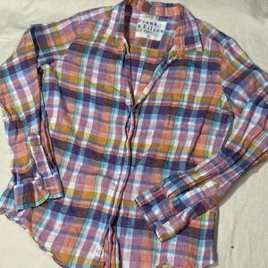 Frank & Eileen 100% Linen Button Shirt Men Large Coral Salmon White Check Italy